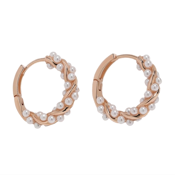 Rose Gold Pearl Twist Vines Hoops Pretty Wedding Little Hoop Earrings Pearls New - Picture 5 of 9